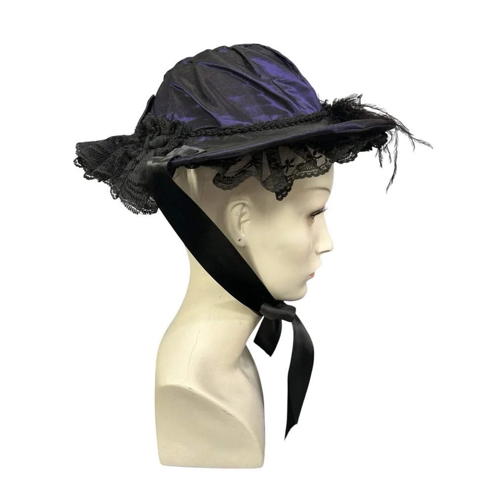 Lush Antique Hat Victorian 1880's Purple Iridescent  Lace Millinery  Flowers